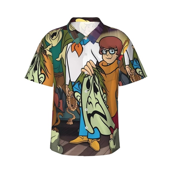 Lsque Scooby-Doo Pattern Hawaiian Shirt for Men Unisex Summer Beach Casual Short Sleeve Cotton Linen Button Down Shirts-Small