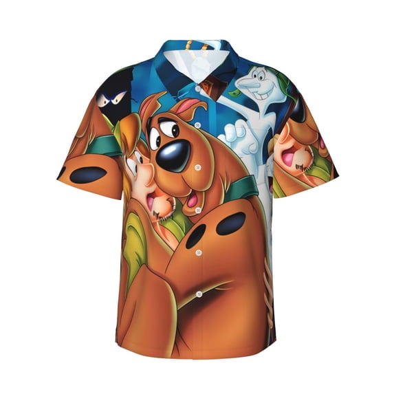 Lsque Scooby-Doo Pattern Hawaiian Shirt for Men Unisex Summer Beach Casual Short Sleeve Cotton Linen Button Down Shirts-X-Large