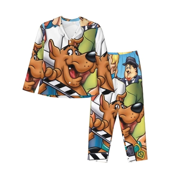 Lsque Scooby-Doo Pattern Long Sleeve Pajama Set for Women - Soft 2-Piece Sleepwear and Loungewear Set with Pockets, Comfy Nightwear