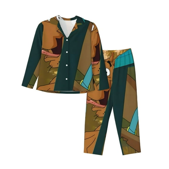 Lsque Scooby-Doo Pattern Long Sleeve Pajama Set for Women - Soft 2-Piece Sleepwear and Loungewear Set with Pockets, Comfy Nightwear