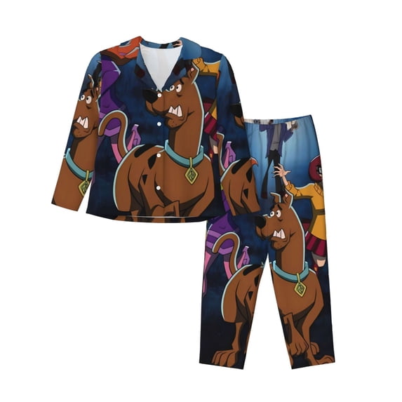 Lsque Scooby-Doo Pattern Long Sleeve Pajama Set for Women - Soft 2-Piece Sleepwear and Loungewear Set with Pockets, Comfy Nightwear