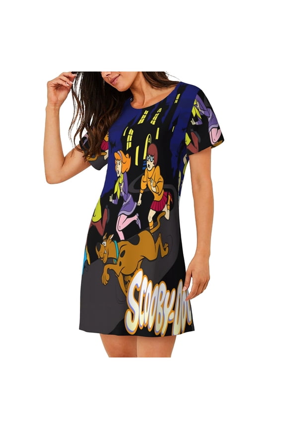 Scooby-Doo Pattern Nightgowns for Women Sleep Shirts Short Sleeve Nightshirt Pullover Nightdress Soft Sleepwear Relaxed Fit Nightdress