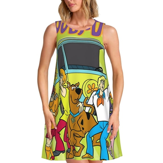Lsque Scooby-Doo Pattern Summer Dresses for Women – Sleeveless T-Shirt Swing Sundress, Perfect for the Beach and Casual Days
