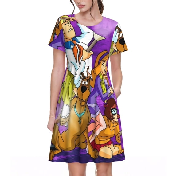 Lsque Scooby-Doo Print Women's Casual Dress T-Shirt Summer Short Sleeve Scoop Neck Swing Dresses