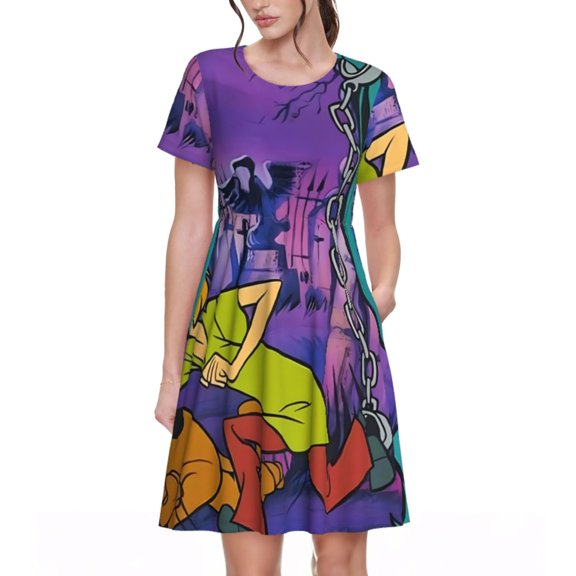 Lsque Scooby-Doo Print Women's Casual Dress T-Shirt Summer Short Sleeve Scoop Neck Swing Dresses