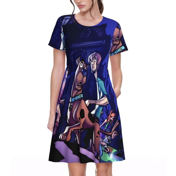 Lsque Scooby-Doo Print Women's Casual Dress T-Shirt Summer Short Sleeve Scoop Neck Swing Dresses