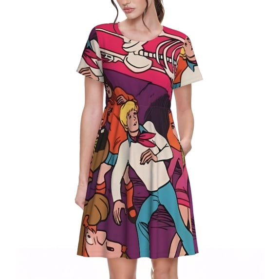 Lsque Scooby-Doo Print Women's Casual Dress T-Shirt Summer Short Sleeve Scoop Neck Swing Dresses