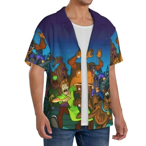 Lsque Scooby-Doo print Men's Cuban Collar Short Sleeve Shirt Summer Beachwear Casual Button Down Fashionable Vacation Leisure Shirt-4X-Large