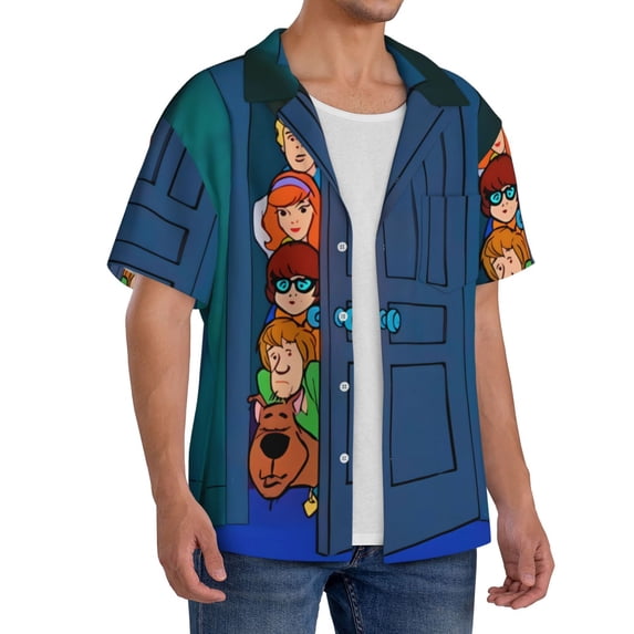 Lsque Scooby-Doo print Men's Cuban Collar Short Sleeve Shirt Summer Beachwear Casual Button Down Fashionable Vacation Leisure Shirt-Small