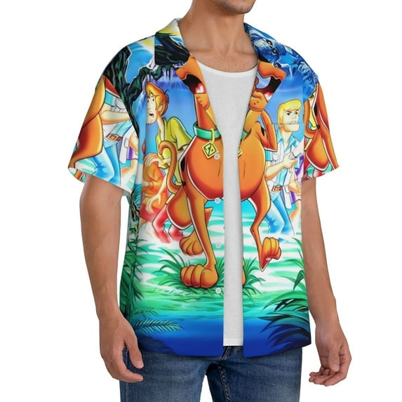 Lsque Scooby-Doo print Men's Cuban Collar Short Sleeve Shirt Summer Beachwear Casual Button Down Fashionable Vacation Leisure Shirt-XX-Large