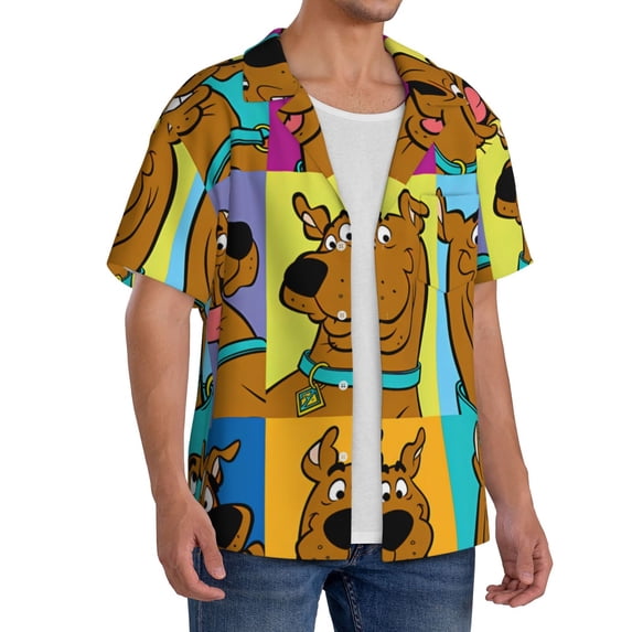 Lsque Scooby-Doo print Men's Cuban Collar Short Sleeve Shirt Summer Beachwear Casual Button Down Fashionable Vacation Leisure Shirt-XX-Large