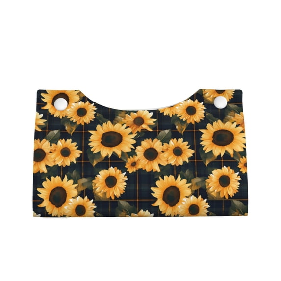 Lsque Scottish Blue Plaid Sunflower Printed Long Tissue Box Cover Holder, Facial Paper Organizer Dispenser,Triangle with Bottom Belt, PVC Leather Decorative Organizer