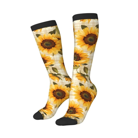 Lsque Scottish Plaid Sunflower Printed Crew Socks Men's Women's LightWeight Thin Casual Calf Socks ,Knee High Socks,Cotton Socks
