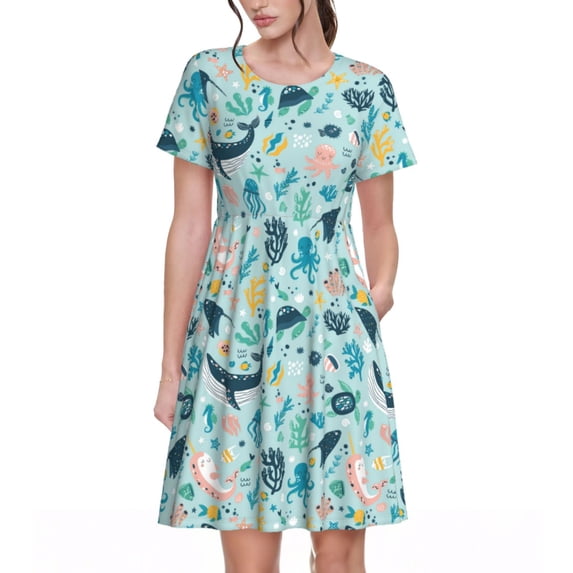 Lsque Sea Animal Print Women's Casual Dress T-Shirt Summer Short Sleeve Scoop Neck Swing Dresses