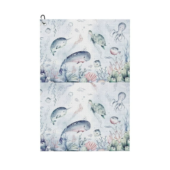 Lsque Sea Animals Premium Golf Towel - Ultra Absorbent and Quick Drying Microfiber Towel with Carabiner - Gift for Men -24" X 16"
