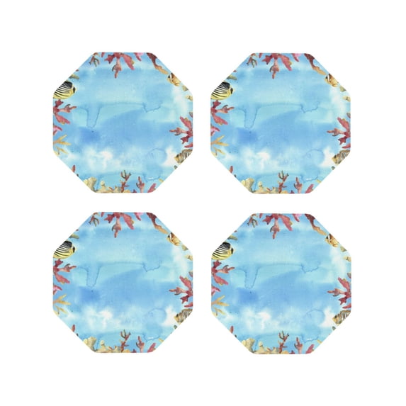 Lsque Sea and Fish Pattern 4" Drink Coasters Set of 4, PVC Leather Absorbent Coasters, Table Coaster Set Decorative Coffee Cup Coasters Housewarming Gift -Octagon