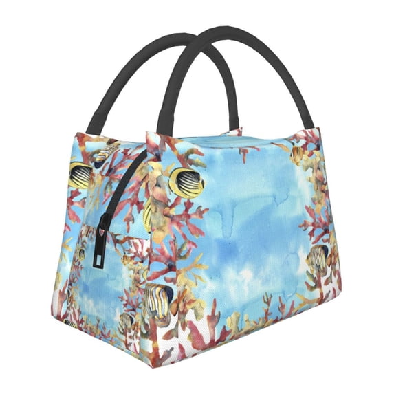 Lsque Sea and Fish Pattern Portable Insulation Lunch Bag, Insulated Food Delivery Bag, Meal Grocery Tote Insulation Bag Large Capacity Reusable Warming Bag