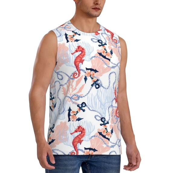 Lsque Sea Horse And Corals Print Men's Cotton Blend Sleeveless Muscle Shirts (S-3XL)- Moisture Wicking, Odor Protection, UPF 30+,Small