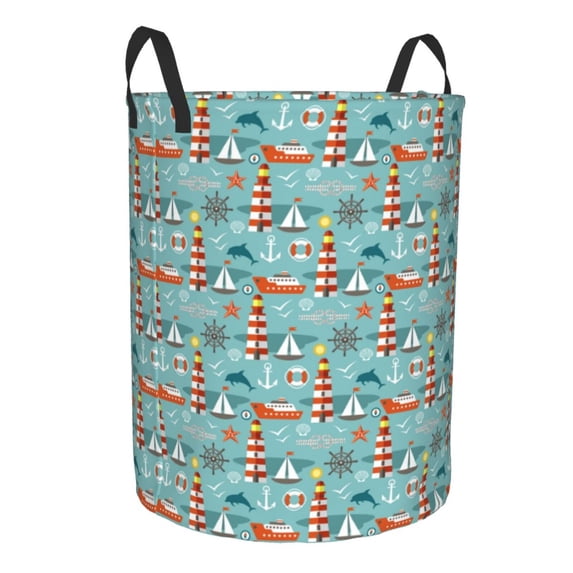Lsque Sea Lighthouse pattern Laundry Hamper Basket, Tall Woven Rope Hamper Basket for Clothes, Lightweight Storage Basket, Collapsible Waterproof-