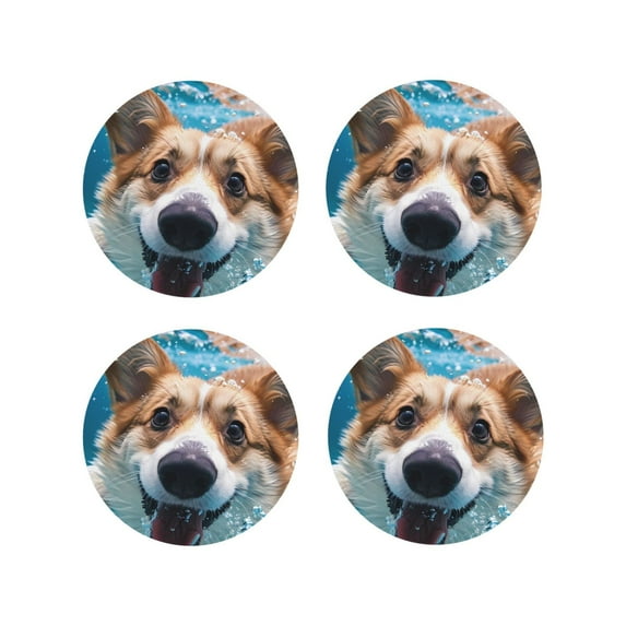 Lsque Sea Swimming Corgi Pattern 4" Drink Coasters Set of 4, PVC Leather Absorbent Coasters, Table Coaster Set Decorative Coffee Cup Coasters Housewarming Gift -Round Shape