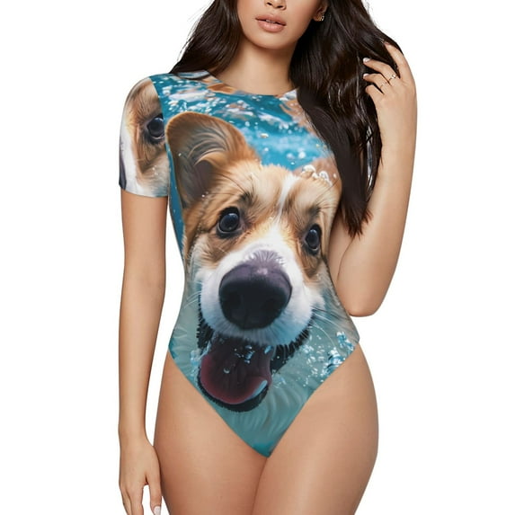 Lsque Sea Swimming Corgi Women's Crew Neck Short Sleeve Bodysuit Basic T Shirts Tops Onesie Adult Cute Pajama-