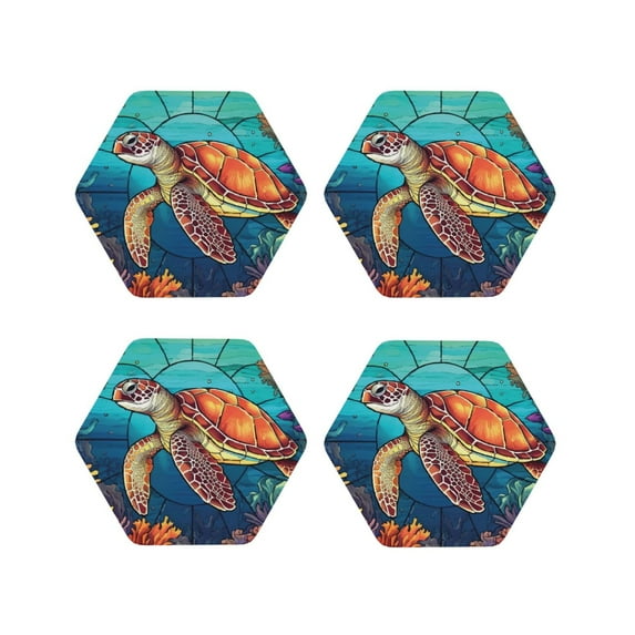 Lsque Sea Turtle in Coral Pattern 4" Drink Coasters Set of 4, PVC Leather Absorbent Coasters, Table Coaster Set Decorative Coffee Cup Coasters Housewarming Gift -Hexagon
