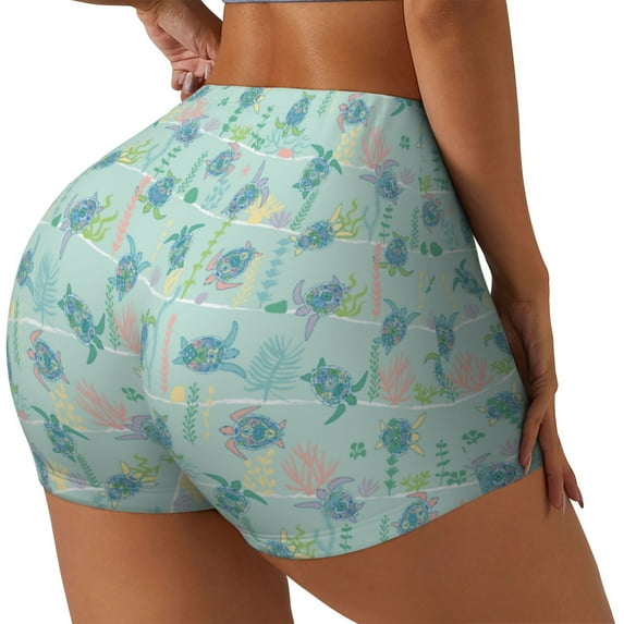 Lsque Sea Turtle Pattern High Waisted Biker Shorts for Women-Tummy Control Fitness Athletic Workout Running Yoga Gym Shorts,Moisture-Wicking-Large