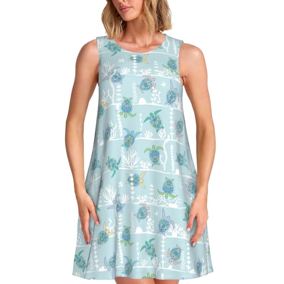 Lsque Sea Turtle Pattern Summer Dresses for Women – Sleeveless T-Shirt Swing Sundress, Perfect for the Beach and Casual Days