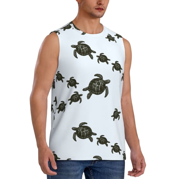 Lsque Sea Turtle Print Men's Cotton Blend Sleeveless Muscle Shirts (S-3XL)- Moisture Wicking, Odor Protection, UPF 30+,X-Large