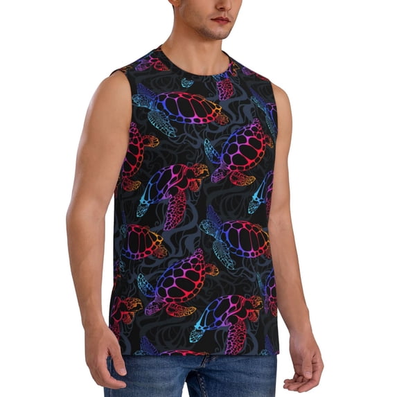 Lsque Sea Turtle Print Men's Cotton Blend Sleeveless Muscle Shirts (S-3XL)- Moisture Wicking, Odor Protection, UPF 30+,XX-Large