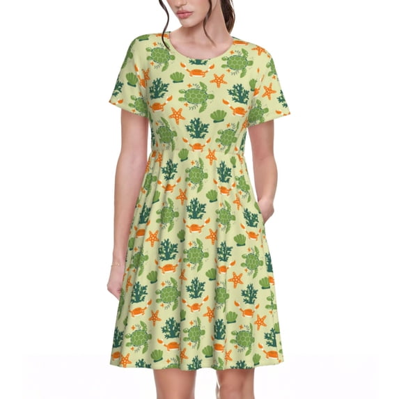 Lsque Sea Turtle Print Women's Casual Dress T-Shirt Summer Short Sleeve Scoop Neck Swing Dresses