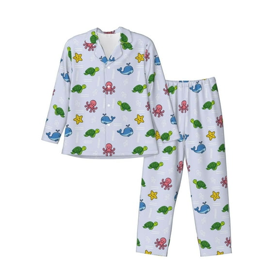 Lsque Sea Turtle Whale Pattern Long Sleeve Pajama Set for Men - Soft 2-Piece Sleepwear and Loungewear Set with Pockets, Comfy Nightwear-XX-Large