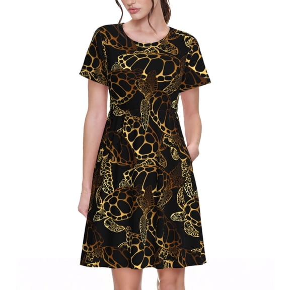 Lsque Sea Turtle With Ocean Print Women's Casual Dress T-Shirt Summer Short Sleeve Scoop Neck Swing Dresses