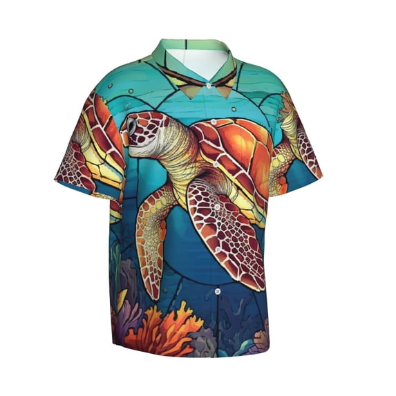Lsque Sea Turtle in Coral pattern Hawaiian Shirt for Men, Unisex Summer Beach Casual Short Sleeve Button Down Shirts-Medium