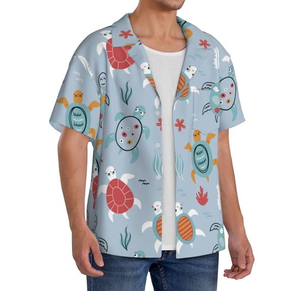 Lsque Sea Turtle print Men's Cuban Collar Short Sleeve Shirt Summer Beachwear Casual Button Down Fashionable Vacation Leisure Shirt-XX-Large