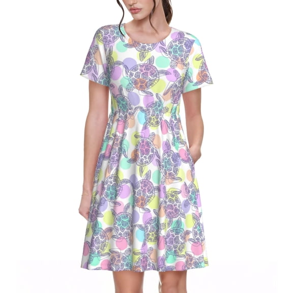 Lsque Sea Turtles Print Women's Casual Dress T-Shirt Summer Short Sleeve Scoop Neck Swing Dresses