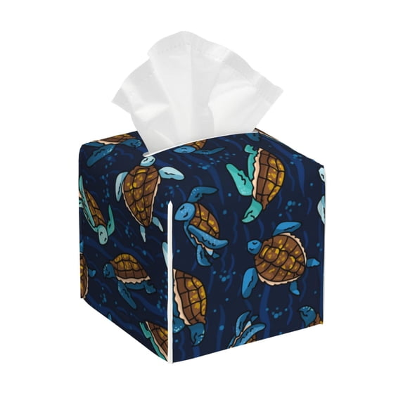 Lsque Sea Turtles Swimming Printed Tissue Box Cover Holder, Facial Paper Organizer Dispenser,Square with Bottom Belt, PVC Leather Decorative Organizer