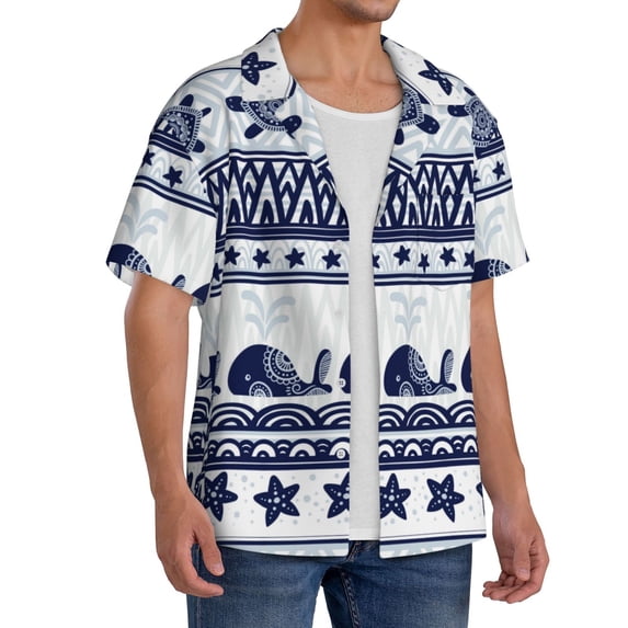 Lsque Sea Underwater Animals1 print Men's Cuban Collar Short Sleeve Shirt Summer Beachwear Casual Button Down Fashionable Vacation Leisure Shirt-Large