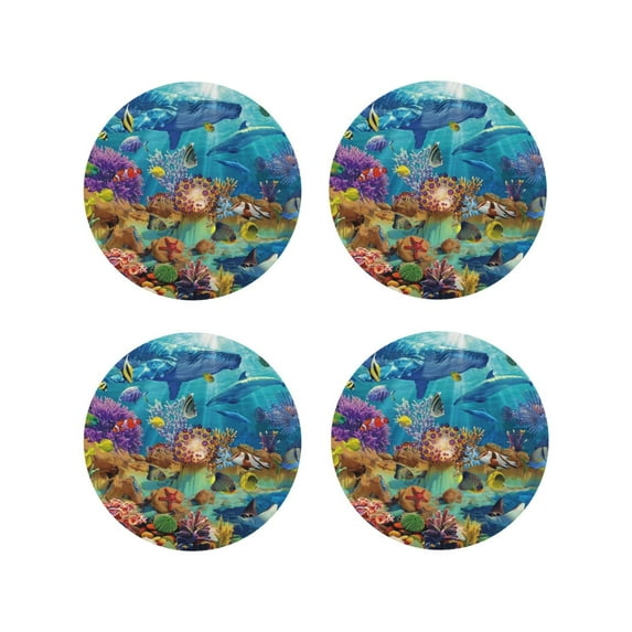 Lsque Sea World Pattern 4" Drink Coasters Set of 4, PVC Leather Absorbent Coasters, Table Coaster Set Decorative Coffee Cup Coasters Housewarming Gift -Round Shape