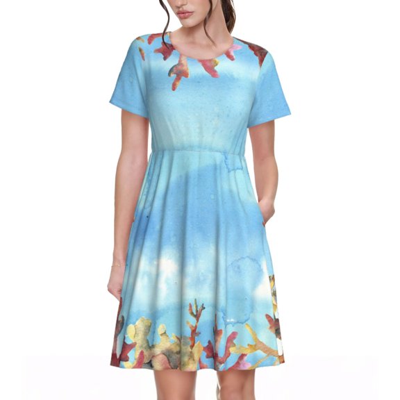 Lsque Sea and Fish Print Women's Casual Dress T-Shirt Summer Short Sleeve Scoop Neck Swing Dresses