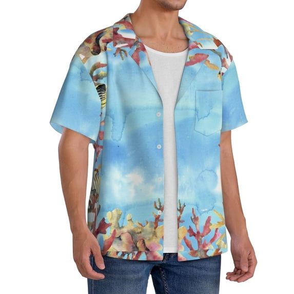 Lsque Sea and Fish print Men's Cuban Collar Short Sleeve Shirt Summer Beachwear Casual Button Down Fashionable Vacation Leisure Shirt-4X-Large