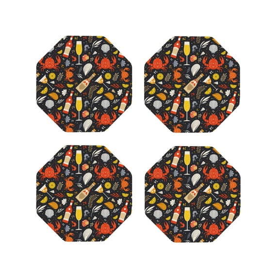 Lsque Seafood And Drinks Pattern 4" Drink Coasters Set of 4, PVC Leather Absorbent Coasters, Table Coaster Set Decorative Coffee Cup Coasters Housewarming Gift -Octagon