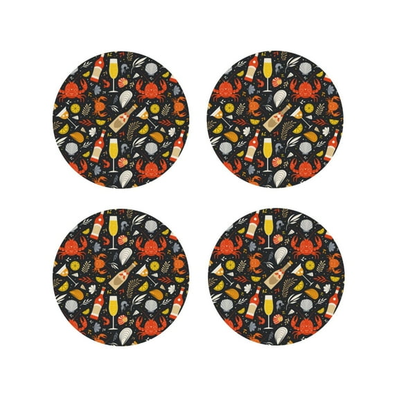 Lsque Seafood And Drinks Pattern 4" Drink Coasters Set of 4, PVC Leather Absorbent Coasters, Table Coaster Set Decorative Coffee Cup Coasters Housewarming Gift -Round Shape