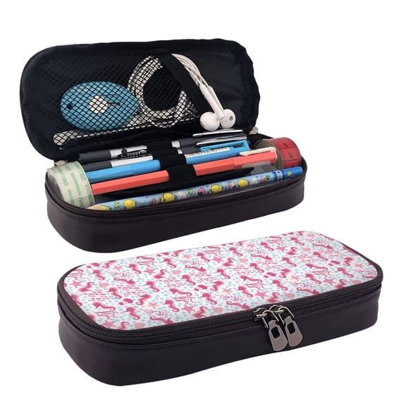 Lsque Seahorse and Starfish Printed Big Capacity PU Leather Pencil Case Large Pencil Pouch Stationery Pen Bag Pencil Holder for Teen