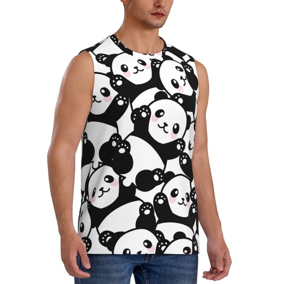 Lsque Seamless Pattern Cute Panda Print Men's Cotton Blend Sleeveless Muscle Shirts (S-3XL)- Moisture Wicking, Odor Protection, UPF 30+,XX-Large