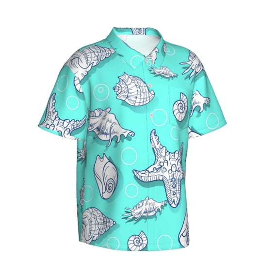 Lsque Seashell And Starfish pattern Hawaiian Shirt for Men, Unisex Summer Beach Casual Short Sleeve Button Down Shirts-Large