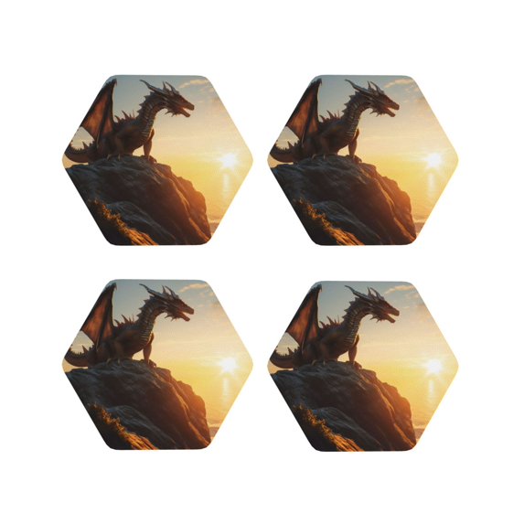 Lsque Seaside Sunset Cool Dragon Pattern 4" Drink Coasters Set of 4, PVC Leather Absorbent Coasters, Table Coaster Set Decorative Coffee Cup Coasters Housewarming Gift -Hexagon