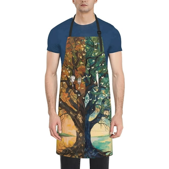 Lsque Seasonal Tree Reflection Waterproof Apron Chef Aprons for Men Heavy Duty Chemical Work Apron Extra Long Grilling Aprons with Adjustable Bib Apron