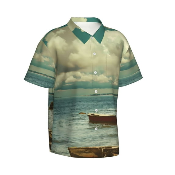 Lsque Serene Coastal Blue Sky pattern Hawaiian Shirt for Men, Unisex Summer Beach Casual Short Sleeve Button Down Shirts-3X-Large