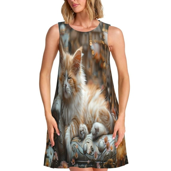 Lsque Serene Kitten Kingdom Pattern Summer Dresses for Women – Sleeveless T-Shirt Swing Sundress, Perfect for the Beach and Casual Days